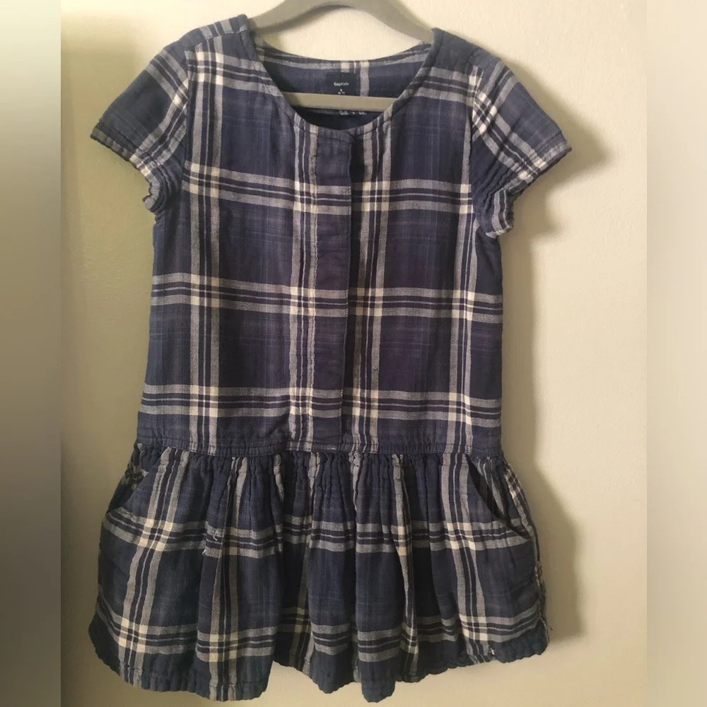 GAP Navy Plaid Short-Sleeve Drop-waist Dress S (6/7)